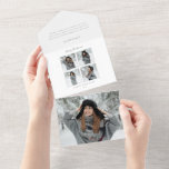 Invitation Tout En Un Chevron minimaliste de Noël multi-photo Grey<br><div class="desc">Design moderne minimaliste et élégant avec quatre modèle photo avec texte modifiable pour vos salutations personnelles devant. À l'intérieur,  vous trouverez une photo de gardien de déchirure,  des champs de texte et un simple arrière - plan motif blanc et gris chevron.</div>