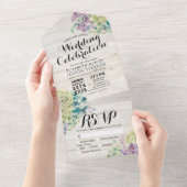 Invitation Tout En Un Chic Aquarelle Succulente Mariage en bois rustique (Déchirure)