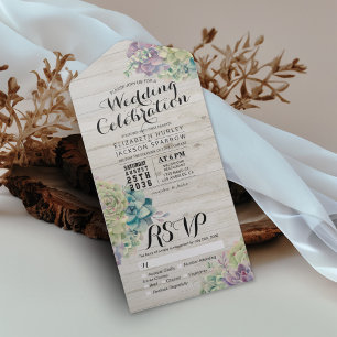 Invitation Tout En Un Chic Aquarelle Succulente Mariage en bois rustique