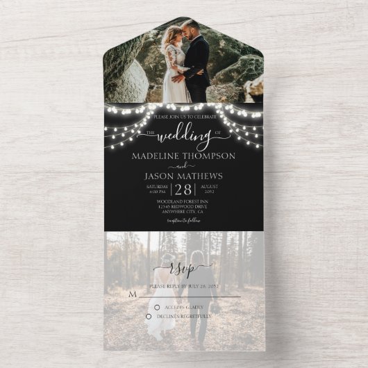 Invitation Tout En Un Chic Black String Lights Photo RSVP Mariage (À l'intérieur)