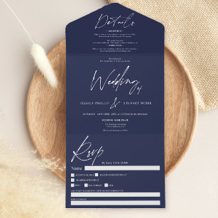 Invitation Tout En Un Chic bleu marine élégant script mariage moderne
