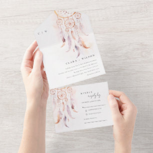 Invitation Tout En Un Chic Boho Feather Dreamcatcher Watercolor Mariage