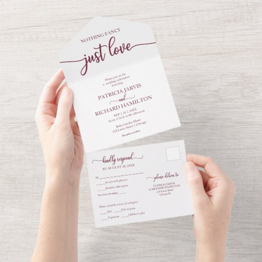 Invitation Tout En Un Chic Burgundy Calligraphie Mariage Décontracté (Déchirure)