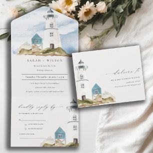 Invitation Tout En Un Chic Dusky Aqua Mariage de montagne du phare bleu