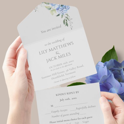 Invitation Tout En Un Chic Elegant Blue Periwinkle Hydrangea Floral RSVP