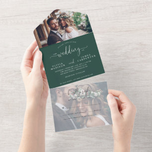 Invitation Tout En Un Chic Emerald Green Elegant Script 2 Mariage photo