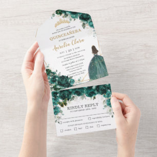 Invitation Tout En Un Chic Emerald Green Floral Princess Quinceañera