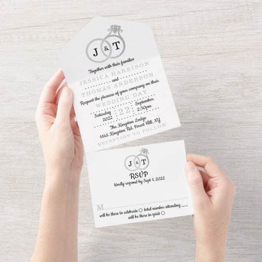 Invitation Tout En Un Chic Faux Argent Huile Monogramme Mariage Cercles (Déchirure)