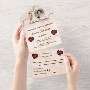 Invitation Tout En Un Chic Gold & Bourgogne Rose 70e anniversaire