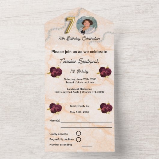 Invitation Tout En Un Chic Gold & Bourgogne Rose 70e anniversaire (À l'intérieur)