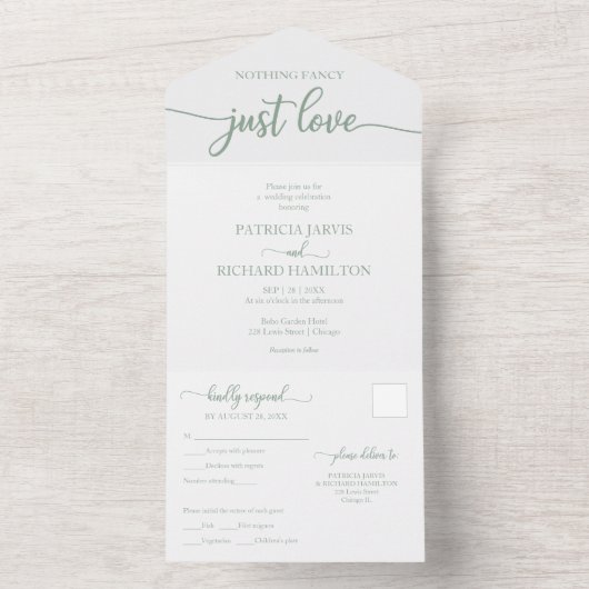 Invitation Tout En Un Chic Green Sage Calligraphie Mariage Décontracté (À l'intérieur)