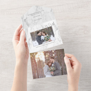 Invitation Tout En Un Chic Marbre Argent Joyeuse Typographie Photo