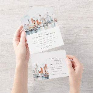 Invitation Tout En Un Chic Miami Floride Skyline Mariage d'aquarelle