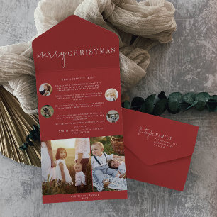 Invitation Tout En Un Chic moderne Red Merry Christmas Multi Photo