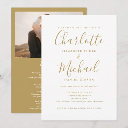 Invitation Tout en un Chic Or Script Photo Mariage (Devant / Derrière)