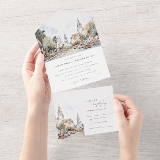 Invitation Tout En Un Chic Orlando Floride Skyline Mariage d'aquarelle (Déchirure)