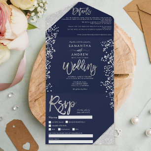 Invitation Tout En Un Chic parties scintillant argent confetti bleu mari