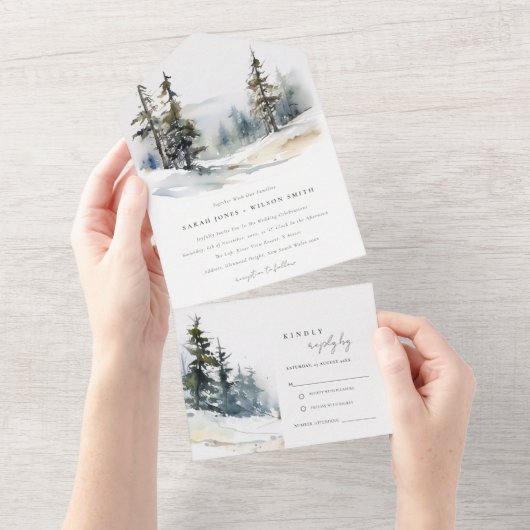 Invitation Tout En Un Chic Pine d'hiver Mariage paysage neige (Déchirure)