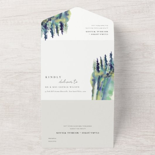 Invitation Tout En Un Chic Pine Tree Mountain Landcape Mariage QR Code (Dehors)