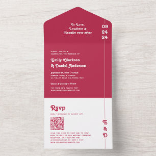 Invitation Tout En Un Chic Retro Bold Hot Pink Monogram QR Code Mariage