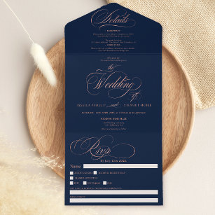 Invitation Tout En Un Chic rose gold elegant script navy blue wedding