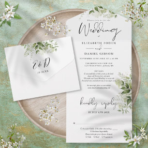 Invitation Tout En Un Chic Script Floralies de verdure Détails RSVP Mari