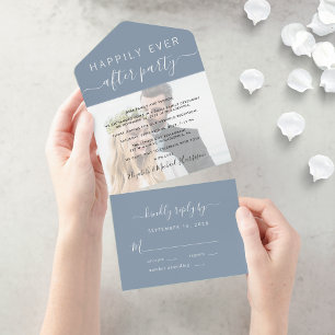 Invitation Tout En Un Chic Script Photo Dusty Blue Wedding Réception