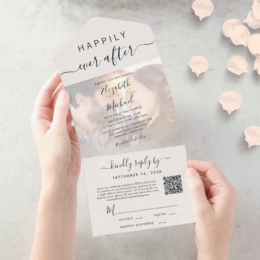 Invitation Tout En Un Chic Script Photo QR Code Cream Mariage