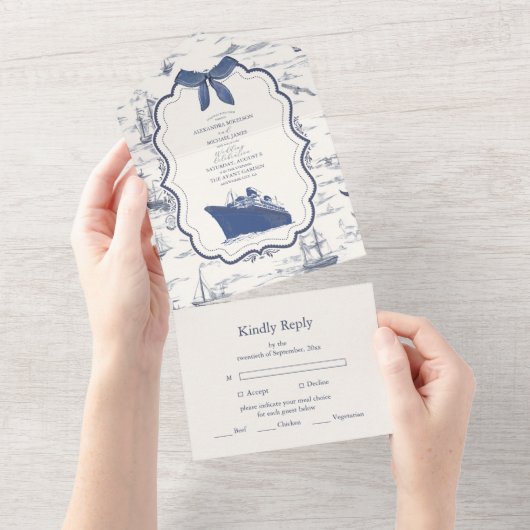 Invitation Tout En Un Chic Toile Nautique de Jouy Bow Mariage (Déchirure)
