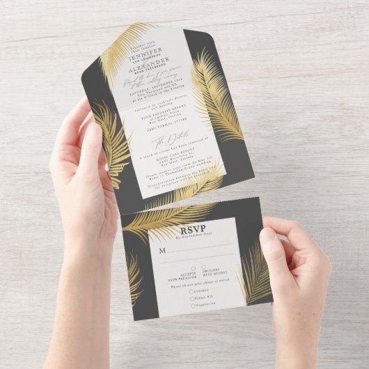 Invitation Tout En Un Chic Tropical Gold Palm Wedding (Déchirure)