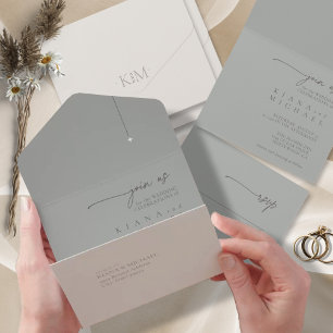 Invitation Tout En Un Chiffre Neutre Chic Mariage Os/Gris Sage ID1020