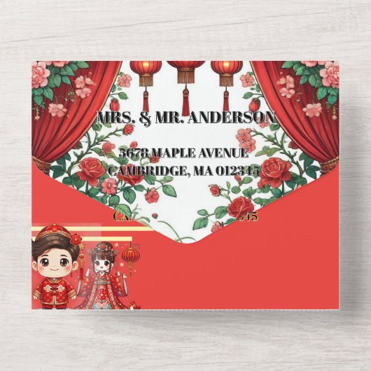 Invitation Tout En Un Chinois Lanterne rouge Ancien bâtiment Mariage Gow (Verso)