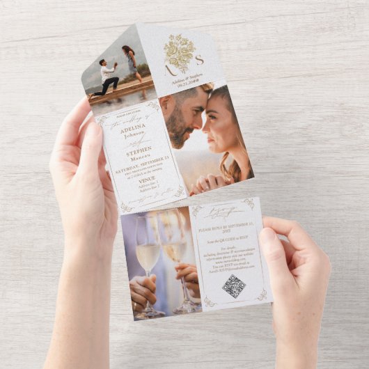 Invitation Tout En Un Chinoiserie Bouquet Gold 3 Photo Code QR Mariage (Déchirure)