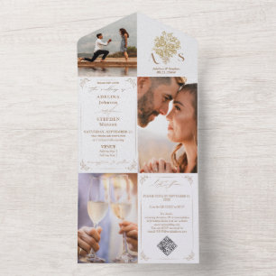 Invitation Tout En Un Chinoiserie Bouquet Gold 3 Photo Code QR Mariage