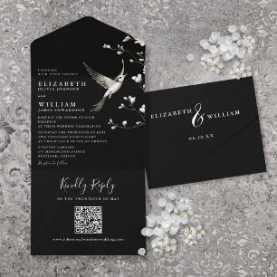 Invitation Tout En Un Chinoiserie noire et blanche Floral QR Code Mariag
