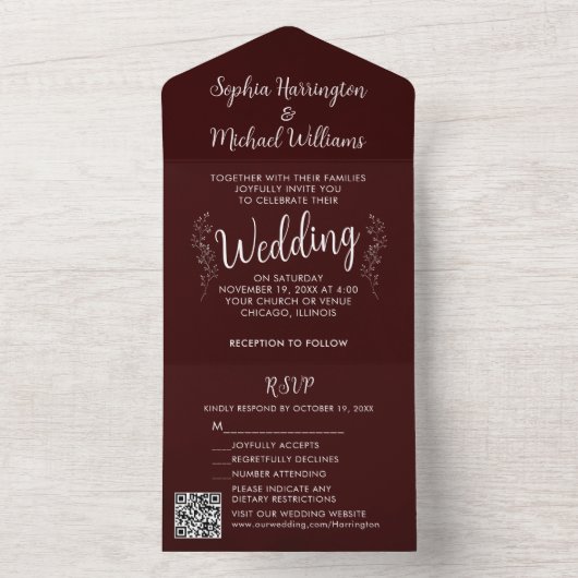 Invitation Tout En Un Christmas All in One Wedding Invite Holiday Maroon (À l'intérieur)