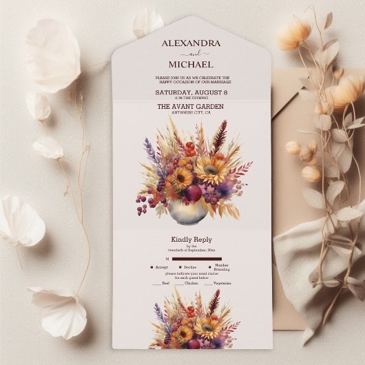 Invitation Tout En Un Chute Burange Aquarelle Orange Pampas Grass Mariag