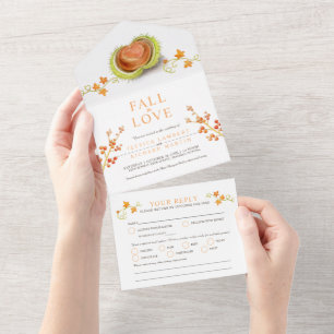 Invitation Tout En Un Chute d'amour aquarelle conker coeur automne