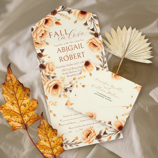 Invitation Tout En Un Chute d'amour pêche floral frontière mariage de cô