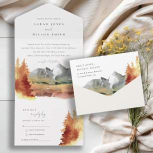 Invitation Tout En Un Chute Rouille Orange Mountain Trees Mariage de feu
