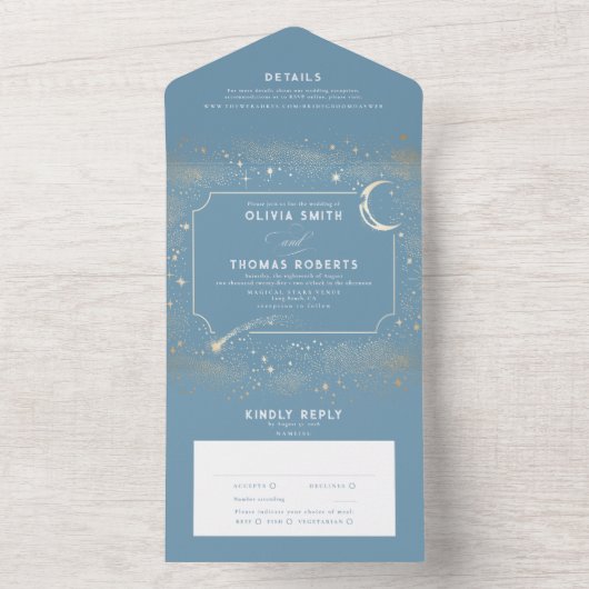 Invitation Tout En Un Ciel de nuit Stars Celestial Dusty Blue Mariage (À l'intérieur)