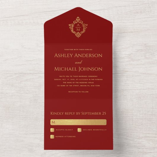 Invitation Tout En Un Cimier Bourgogne Faux Or Élégant Monogramme Mariag (À l'intérieur)