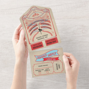 Invitation Tout En Un Cirque Bleu et Rouge Vintage 