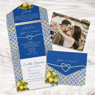 Invitation Tout En Un Citron bleu italien Carrelage Mariage