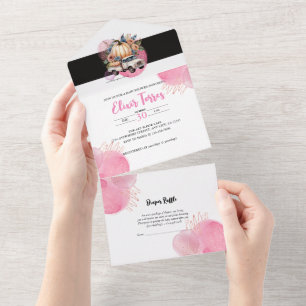 Invitation Tout En Un Citrouille Black Rose Floral Baby shower Jeu