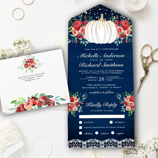 Invitation Tout En Un Citrouille blanc Bourgogne Floral Navy Mariage ble