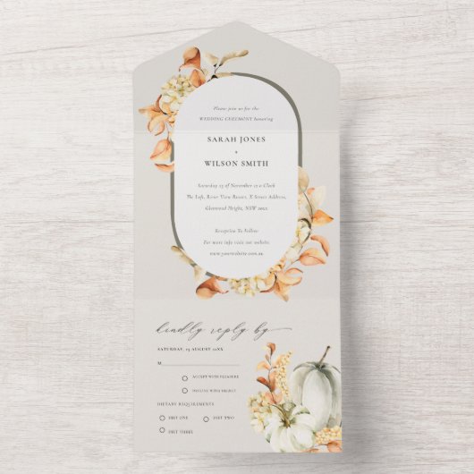 Invitation Tout En Un Citrouille de automne rustique Mariage d'arche flo (À l'intérieur)