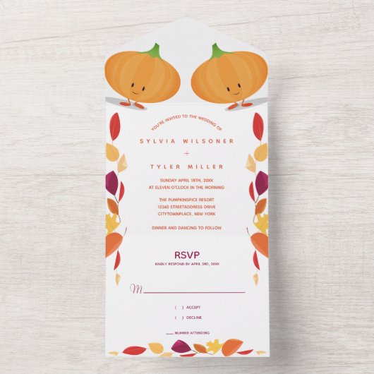 Invitation Tout En Un Citrouille Feuille Mariage de automne Tout en un (À l'intérieur)