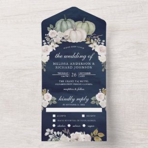 Invitation Tout En Un Citrouille Fleurale Vert Sauge Mariage Bleu Nuit