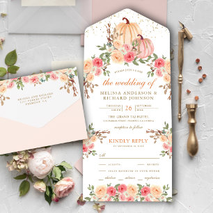 Invitation Tout En Un Citrouille rose rustique et Pêche Mariage floral